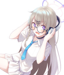Rule 34 | 1girl, blue archive, blue necktie, braid, glasses, hair ornament, halo, headphones, highres, invisible chair, kotama (blue archive), midorino eni, necktie, pleated skirt, school uniform, shirt, simple background, sitting, skirt, solo, sweat, white background, white shirt, white skirt, x hair ornament