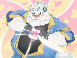 Rule 34 | 1boy, absurdres, animal ears, bandaid, bandaid on face, bara, black shirt, blue eyes, blue fur, dog boy, dog ears, dog tail, fingerless gloves, freakinglargeoof, furry, furry male, gloves, heart, highres, jumpsuit, keyhole, live a hero, male focus, open mouth, ponytail, scouter, shirt, short hair, solo, tail, thick eyebrows, white fur, yohack