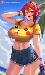 Rule 34 | 1girl, aizawa tomo, artist name, blue shorts, blurry, blurry background, bracelet, breasts, can, character print, cloud, collarbone, commentary, creatures (company), cropped shirt, cutoffs, day, earrings, enma (enmanuelart), game freak, gen 1 pokemon, hair between eyes, high-waist shorts, highres, holding, holding can, horizon, jewelry, large breasts, looking at viewer, navel, nintendo, ocean, open mouth, outdoors, palm leaf, patreon logo, patreon username, pikachu, pokemon, red hair, sharp teeth, shirt, short hair with long locks, short shorts, short sleeves, shorts, sidelocks, sky, smile, teeth, thighs, tomo-chan wa onna no ko, water, watermark, web address, yellow shirt
