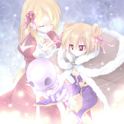 Rule 34 | ark kan, blonde hair, bow, brown cape, cape, closed eyes, closed mouth, commentary request, double bun, dress, feet out of frame, flower, fur-trimmed cape, fur trim, hair between eyes, hair bow, hair bun, hair flower, hair ornament, high priest (ragnarok online), holding, holding staff, interlocked fingers, juliet sleeves, long hair, long sleeves, open mouth, own hands together, pink bow, puffy sleeves, purple dress, purple flower, ragnarok online, red dress, red eyes, short dress, short hair, skull, staff, two-tone dress, white dress, wizard (ragnarok online)