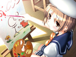 Rule 34 | 00s, 1girl, antenna hair, art brush, beret, blush, bow, brown eyes, brown hair, canvas (object), easel, hat, hiide, looking at viewer, nekomiya nono, paint, paintbrush, painting (action), palette (object), school uniform, short hair, solo, thighhighs, yotsunoha