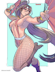 Rule 34 | 1girl, absurdres, ass, bare shoulders, boots, breasts, brown hair, cleavage, commentary, commission, commissioner upload, curvy, fishnet pantyhose, fishnets, folding fan, hand fan, headband, high-waist pantyhose, high ponytail, highleg, highres, large breasts, legs, long hair, ninja, pantyhose, ponytail, rejean dubois, solo, thick thighs, thighhighs, thighs, wide hips