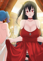 Rule 34 | 2girls, absurdres, azur lane, back, backboob, backless dress, backless outfit, bare shoulders, black hair, black legwear, black panties, blue hair, breasts, chair, chandelier, choker, cleavage, clothes lift, cocktail dress, crossed bangs, curtains, dress, earrings, evening gown, from behind, grey dress, hair between eyes, halter dress, halterneck, highres, indoors, jewelry, lace, lace-trimmed legwear, lace trim, large breasts, long hair, looking at viewer, multiple girls, one side up, panties, parted lips, plunging neckline, red choker, red dress, red eyes, revealing clothes, side ponytail, signature, silver dress, skirt, skirt lift, st. louis (azur lane), st. louis (luxurious wheels) (azur lane), su (septyanss), table, taihou (azur lane), taihou (forbidden feast) (azur lane), thighhighs, tile floor, tiles, underwear, very long hair