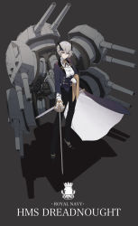 Rule 34 | 1girl, azur lane, black jacket, black pants, black ribbon, black vest, breasts, brown eyes, brown flower, butler, closed mouth, collared shirt, commentary, commentary request, cropped jacket, dishwasher1910, dress shirt, english commentary, female butler, gloves, grey background, grey hair, hair between eyes, headgear, highres, holding, holding sword, holding weapon, jacket, long sleeves, looking at viewer, machinery, medium breasts, neck ribbon, open clothes, open jacket, original, pants, ribbon, saber (weapon), shadow, shirt, short hair, solo, standing, sword, vest, weapon, white gloves, white shirt