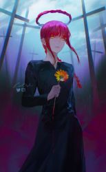 Rule 34 | 1girl, black dress, blood, blood drip, blood halo, blood on flower, blue sky, blurry, blurry background, braid, braided ponytail, chainsaw man, chromatic aberration, cross, dark background, dress, floating hair, flower, halo, highres, holding, holding flower, instagram logo, keibleh, liquid halo, looking at viewer, makima (chainsaw man), medium hair, red hair, red halo, ringed eyes, sidelocks, signature, sky, solo, sunflower, tombstone, twitter logo, yellow eyes