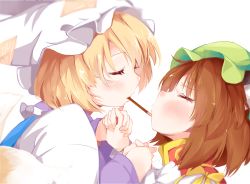 Rule 34 | 2girls, animal hat, blonde hair, blush, brown hair, chen, closed eyes, food, hat, highres, holding hands, japa, mob cap, multiple girls, mob cap, pocky, pocky kiss, shared food, touhou, white background, yakumo ran