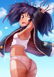 Rule 34 | 1girl, :d, armpits, azur lane, black jacket, blue sky, blush, breasts, child, cloud, cloudy sky, commentary request, crop top, day, fang, hair between eyes, hair ornament, hair ribbon, hairclip, hazelwood (azur lane), head tilt, highres, jacket, long sleeves, mochiyuki, open clothes, open jacket, open mouth, outdoors, panties, plaid, plaid panties, purple hair, red eyes, red ribbon, ribbon, shirt, sky, sleeves past wrists, small breasts, smile, solo, tan, tank top, tanline, twintails, underwear, white shirt