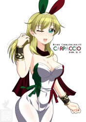 Rule 34 | 1girl, animal ears, anzio school uniform, artist logo, birthday, blonde hair, bracelet, carpaccio (girls und panzer), character doll, character name, commentary, covered navel, cowboy shot, dated, fake animal ears, flag print, girls und panzer, hand in own hair, happy birthday, highleg, highleg leotard, highres, ichijou takakiyo, italian text, jewelry, leotard, long hair, looking at viewer, medium hair, one eye closed, open mouth, pantyhose, playboy bunny, print leotard, rabbit ears, red scarf, scarf, school uniform, simple background, smile, solo, standing, strapless, strapless leotard, translated, white background, white leotard, white pantyhose