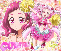 Rule 34 | 10s, 2girls, :d, bow, character name, closed mouth, cone hair bun, cure yell, double bun, dual persona, flower, full body, hair bun, hair flower, hair ornament, hair ribbon, hanzou, heart, heart hair ornament, holding, hugtto! precure, layered skirt, long hair, looking at viewer, magical girl, multiple girls, navel, nono hana, open mouth, own hands clasped, own hands together, pink eyes, pink footwear, pink hair, pink shirt, pink skirt, pleated skirt, pom pom (cheerleading), precure, red ribbon, ribbon, shirt, shoes, skirt, sleeveless, sleeveless shirt, smile, thighhighs, white bow, white legwear, zettai ryouiki