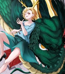 Rule 34 | 1girl, alinoce716, antlers, blonde hair, blue shirt, blush, dragon, dragon girl, dragon horns, dragon tail, highres, horns, kicchou yachie, looking at viewer, red eyes, shirt, short hair, smile, square neckline, tail, touhou, turtle shell