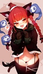 Rule 34 | absurdres, animal ear fluff, braid, breasts, cat girl, cat tail, cleft of venus, hagure kedama, hat, highres, kaenbyou rin, navel, open mouth, pussy, red eyes, red hair, santa hat, small breasts, smile, tail, touhou, twin braids
