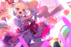 Rule 34 | 1girl, absurdres, aisaki emiru, blonde hair, blunt bangs, commentary, cure macherie, earrings, gloves, glowstick, guitar, heart pouch, highres, hugtto! precure, instrument, jewelry, long hair, magical girl, music, open mouth, pink eyes, playing instrument, precure, puffy short sleeves, puffy sleeves, shipu (gassyumaron), short sleeves, smile, solo, symbol-only commentary, twintails, white gloves