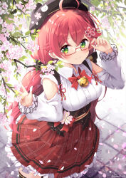 Rule 34 | 1girl, adjusting eyewear, ahoge, bell, beret, bespectacled, black hat, blush, bow, bowtie, cherry blossoms, closed mouth, clothing cutout, commentary request, cowboy shot, flower, glasses, green eyes, hand up, hat, highres, hololive, jingle bell, long hair, looking at viewer, niwasane (saneatsu03), official alternate costume, pink flower, pink hair, plaid, plaid skirt, rectangular eyewear, red bow, red bowtie, red skirt, sakura miko, sakura miko (casual), shirt, shoulder cutout, skirt, smile, solo, virtual youtuber, white shirt