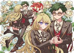 Rule 34 | 1boy, 1girl, bad id, bad twitter id, blonde hair, blue background, blue eyes, border, brown jacket, brown skirt, brown thighhighs, collared shirt, commission, floral background, glasses, green hair, hand on another&#039;s back, highres, holding hands, inactive account, jacket, loafers, long hair, long sleeves, looking at another, meremero, miniskirt, multiple views, necktie, original, parted lips, pleated skirt, shirt, shoes, short hair, skirt, smile, striped necktie, thighhighs, white border, white shirt, yellow eyes