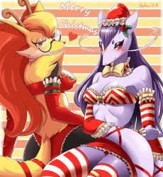 Rule 34 | 2017, 2girls, animal ears, antennae, artist name, bare shoulders, bespectacled, black-framed eyewear, bow, bow bra, bra, braixen, breasts, choker, christmas, cleavage, creatures (company), dated, detached sleeves, embarrassed, english text, fake antennae, female focus, fox ears, fox tail, frilled skirt, frills, from behind, furry, furry female, game freak, gen 5 pokemon, gen 6 pokemon, glasses, hairband, hand up, hat, heart, highres, long hair, looking at viewer, looking away, looking back, looking to the side, medium breasts, merry christmas, midriff, mienshao, multiple girls, nintendo, orange background, orange eyes, panties, pantyshot, pokemon, pokemon (creature), pokemon bw, pokemon xy, purple hair, red bra, red eyes, red headwear, red legwear, red panties, santa hat, signature, simple background, sitting, skirt, skykain, smile, strapless, striped bra, striped clothes, striped neckwear, sweat, tail, text focus, thighhighs, tube top, two-tone background, underwear, upskirt, whiskers, yellow background, yellow bow