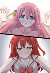 Rule 34 | 2girls, assertive female, blush, bocchi the rock!, bow, closed mouth, cube hair ornament, girl on top, gotoh hitori, hair between eyes, hair ornament, highres, jacket, kita ikuyo, long hair, looking at another, looking at viewer, ma tsukasa, medium hair, multiple girls, neckerchief, open mouth, out of frame, pink eyes, pink hair, ponytail, pov, red hair, school uniform, side ponytail, simple background, surprised, sweat, sweatdrop, upper body, yellow eyes, yuri, zipper