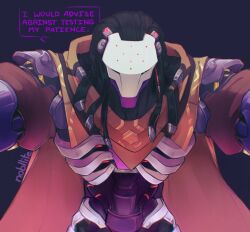 Rule 34 | 1boy, artist name, brown cape, cape, cyborg, english text, highres, kabedon on viewer, long hair, looking at viewer, male focus, mechanical arms, mechanical parts, nobllite, omnic, overwatch, overwatch 2, pov, purple background, ramattra (overwatch), robot, solo, speech bubble