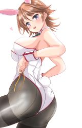Rule 34 | 1girl, absurdres, animal ears, ass, black neckerchief, black pantyhose, brown hair, commentary request, cowboy shot, detached collar, fake animal ears, flipped hair, hiei (kancolle), highres, kantai collection, leotard, looking at viewer, neckerchief, nitamako (sakamalh), open mouth, pantyhose, playboy bunny, purple eyes, rabbit ears, rabbit tail, short hair, simple background, solo, tail, thighband pantyhose, white background, white leotard, wrist cuffs