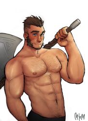 Rule 34 | 1boy, abs, alternate body hair, arm hair, axe, bara, beard, blue eyes, blush, brown hair, chest hair, cowboy shot, cross scar, facial hair, gau (king&#039;s raid), hair slicked back, hairy, highres, holding, holding axe, king&#039;s raid, large hands, large pectorals, long sideburns, looking at viewer, male focus, mature male, mrcmgpntay, muscular, muscular male, mustache, navel, navel hair, nipples, over shoulder, pectorals, scar, scar on arm, scar on chest, short hair, sideburns, smile, solo, stomach, thick eyebrows, topless male, undercut, veins, veiny arms, weapon, weapon over shoulder, white background