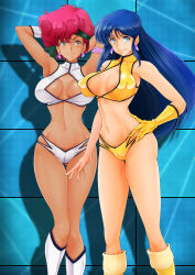 Rule 34 | 2girls, absurdres, armlet, armpits, arms behind head, arms up, bare shoulders, blue eyes, blue hair, blush, boots, breasts, brown eyes, cameltoe, cleavage, closed mouth, commentary request, covered collarbone, covered erect nipples, crop top, dark-skinned female, dark skin, dirty pair, earrings, elbow gloves, gloves, gluteal fold, headband, highleg, highleg panties, highres, jewelry, kei (dirty pair), knee boots, large breasts, lips, long hair, looking at viewer, medium hair, midriff, multiple girls, nanashi noiji, navel, panties, red hair, shadow, shiny clothes, simple background, single glove, sleeveless, smile, stomach, thighs, turtleneck, underwear, yuri (dirty pair)