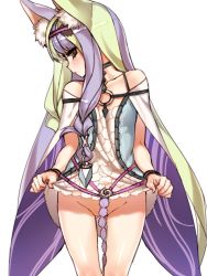 Rule 34 | 1girl, 7th dragon (series), 7th dragon iii, animal ears, bare shoulders, blush, brown eyes, clothes lift, collarbone, dress, dress lift, fortuner (7th dragon), groin, highres, long hair, looking at viewer, no panties, okita ababa, purple hair, simple background, solo, white background