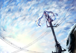 Rule 34 | 1girl, blue eyes, blue hair, cloud, copyright name, detached sleeves, hatsune miku, head rest, headphones, kaname (cherry0732), long hair, power lines, sitting, skirt, sky, solo focus, thighhighs, twintails, utility pole, very long hair, vocaloid, wide shot, zettai ryouiki