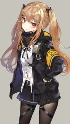 Rule 34 | 1girl, armband, belt, black belt, black bow, black jacket, black pantyhose, black ribbon, black scarf, blue skirt, blush, bow, brown eyes, brown hair, commentary request, cowboy shot, girls&#039; frontline, grey background, hair between eyes, hair bow, hair ornament, hairclip, hands in pockets, head tilt, highres, hood, hooded jacket, jacket, long hair, long sleeves, looking at viewer, miniskirt, mirei, neck ribbon, pantyhose, pleated skirt, ribbon, scarf, shirt, sidelocks, simple background, skirt, smile, solo, standing, thighs, twintails, ump9 (girls&#039; frontline), white shirt