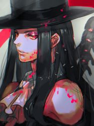 Rule 34 | 1other, absurdres, bare shoulders, blood, blood drip, blood on clothes, blood on face, collared shirt, eyeshadow, formal, guilty gear, guilty gear strive, hat, highres, holding, holding scythe, holding weapon, long hair, looking at viewer, makeup, red eyes, scythe, shaded face, shirt, solo, testament (guilty gear), top hat, upper body, weapon, yohane shimizu