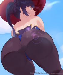 Rule 34 | 1girl, artist request, ass, ass focus, ass press, bare shoulders, cameltoe, from behind, from below, genshin impact, green eyes, hair ribbon, hat, highres, huge ass, leotard, long hair, looking away, mona (genshin impact), nsfw oa, pantyhose, purple hair, ribbon, shiny skin, sitting, solo, twintails, very long hair