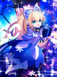 Rule 34 | 1girl, antenna hair, artist name, azure striker gunvolt, bell, blonde hair, blue skirt, butterfly wings, capelet, dress, energy wings, full body, gift, gloves, green eyes, high ponytail, highres, holding, holding gift, insect wings, lololotton, long hair, looking at viewer, lumen (gunvolt), multicolored hair, neck bell, open mouth, pink hair, skirt, smile, snowflakes, solo, sparkle, tongue, two-tone hair, white capelet, white dress, white gloves, wings