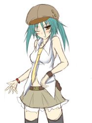 Rule 34 | 1girl, bad id, bad pixiv id, black thighhighs, blush, breasts, green hair, hat, medium breasts, necktie, original, rebecca arcane, simple background, sketch, skirt, solo, suterii, thighhighs, white background