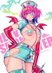 Rule 34 | 1girl, akiyama enma, bikini, bikini top only, blue bikini, blue hair, blue shorts, blue thighhighs, bracelet, breasts, cigarette, clothing cutout, cowboy shot, cross, cross earrings, cross necklace, demon horns, demon wings, detached collar, earrings, elbow gloves, english text, eyepatch, garter straps, gloves, gradient hair, hand on own hip, hat, heart, heart cutout, highres, horns, jewelry, looking at viewer, medical eyepatch, micro bikini, multicolored hair, necklace, nurse cap, one eye covered, orange eyes, original, pink hair, red gloves, red horns, scar, scar on breasts, scar on leg, scar on stomach, short shorts, shorts, shrug (clothing), signature, simple background, skindentation, small breasts, smoke, smoking, solo, sparkle, stethoscope, swimsuit, syringe, thigh cutout, thighhighs, white background, wings