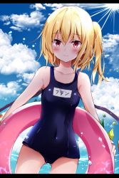 Rule 34 | 1girl, bare arms, bare shoulders, blonde hair, blue sky, blush, breasts, cloud, collarbone, commentary request, competition school swimsuit, covered navel, cowboy shot, crystal, day, flandre scarlet, gluteal fold, hair between eyes, holding, hyurasan, letterboxed, lifebuoy, looking at viewer, name tag, no headwear, one-piece swimsuit, one side up, outdoors, red eyes, school swimsuit, shiny clothes, short hair, sky, small breasts, smile, solo, standing, sun, swim ring, swimsuit, thighs, touhou, translation request, water, wings