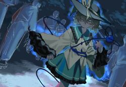 Rule 34 | 1girl, aqua eyes, black hat, buttons, closed mouth, collared shirt, commentary request, diamond button, dutch angle, feet out of frame, frilled shirt collar, frilled sleeves, frills, green hair, green skirt, hand up, hat, hat ribbon, highres, komeiji koishi, long sleeves, people, ribbon, sad, shirt, short hair, sideways glance, skirt, solo, third eye, touhou, tuck (tuck23978434), wide sleeves, yellow ribbon, yellow shirt