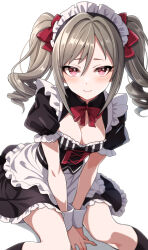 Rule 34 | 1girl, absurdres, alternate costume, apron, black dress, blush, breasts, cleavage, cleavage cutout, clothing cutout, dress, drill hair, enmaided, grey hair, highres, idolmaster, idolmaster cinderella girls, kanzaki ranko, looking at viewer, maid, maid headdress, medium breasts, popon ta, red eyes, simple background, sitting, smile, solo, twintails, white apron, white background, wrist cuffs