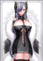 Rule 34 | 1girl, august von parseval (azur lane), azur lane, bare shoulders, black dress, black horns, breasts, cleavage, cowboy shot, dress, feather boa, gloves, hair over one eye, highres, horns, huge breasts, long hair, looking at viewer, mechanical horns, microdress, purple eyes, purple hair, sai-go, simple background, solo, thighhighs, very long hair, white background, white gloves