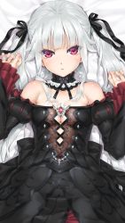 Rule 34 | 1girl, bare shoulders, bed sheet, bishoujo mangekyou, black dress, black ribbon, blush, breasts, brooch, cleavage, cleavage cutout, clothing cutout, collarbone, dakimakura (medium), dress, floral print, frilled sleeves, frills, hair ribbon, happoubi jin, highres, jewelry, kagarino kirie, lace, long hair, looking at viewer, lying, neck garter, official art, parted lips, pink lips, puff and slash sleeves, puffy sleeves, red eyes, ribbon, sleeves past wrists, small breasts, solo, twintails, upper body, white hair