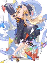Rule 34 | 1girl, abigail williams (fate), black bow, black dress, black headwear, blonde hair, bloomers, blue eyes, blush, bow, confetti, dress, fate/grand order, fate (series), flag, forehead, full body, hair bow, highres, legs, long hair, long sleeves, looking at viewer, open mouth, orange bow, parted bangs, pennant, polka dot, polka dot bow, ribbed dress, sleeves past fingers, sleeves past wrists, smile, solo, stuffed animal, stuffed toy, teddy bear, tentacles, thighs, underwear, white background, white bloomers, zeronics