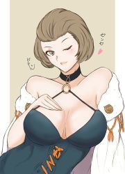 Rule 34 | 1girl, alcohol, banelon, blush, bob cut, breasts, brown eyes, brown hair, capelet, cleavage, coat, dress, eyeshadow, female focus, fire emblem, fire emblem: three houses, green dress, hand on own chest, heart, highres, large breasts, looking at viewer, makeup, manuela casagranda, mole, mole under eye, nintendo, o-ring, one eye closed, simple background, solo, tan background, white background, white coat, wine, wink