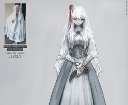 1girl absurdres artist_name black_eyes blood broken_horn character_name dress feet_out_of_frame frown grey_background highres holding horns long_hair long_sleeves looking_at_viewer neytirix original photo_inset simple_background single_horn solo standing veil white_dress