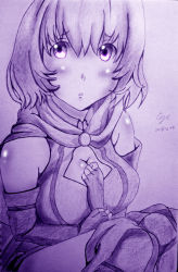 Rule 34 | 10s, 1girl, absurdres, bad id, bad pixiv id, blush, breasts, cape, cleavage, cleavage cutout, clothing cutout, cyicheng, dated, fingerless gloves, gloves, hai to gensou no grimgar, hair between eyes, highres, looking at viewer, mechanical pencil, monochrome, pencil, purple theme, shihoru (grimgar), short hair, solo, traditional media