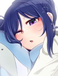 Rule 34 | 1girl, artist name, artist request, blue hair, blush, close-up, female focus, hair between eyes, high ponytail, highres, holding, holding stuffed animal, long hair, looking at viewer, love live!, love live! sunshine!!, matsuura kanan, one eye closed, parted lips, ponytail, purple eyes, smile, solo, stuffed animal, stuffed toy, upper body, white background