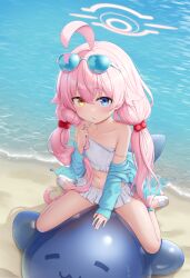 Rule 34 | 1girl, ahoge, beach, bikini, blue-tinted eyewear, blue archive, blue eyes, blue jacket, breasts, cementite, collarbone, commentary request, eyewear on head, frilled bikini, frills, full body, hair between eyes, hair bobbles, hair ornament, halo, heterochromia, highres, hoshino (blue archive), hoshino (swimsuit) (blue archive), inflatable toy, inflatable whale, jacket, long hair, long sleeves, looking at viewer, low twintails, navel, ocean, official alternate costume, parted lips, pink hair, pink halo, playing with own hair, sand, sandals, sitting, sleeves past wrists, small breasts, solo, strap slip, sunglasses, swimsuit, tinted eyewear, toes, twintails, very long hair, white-framed eyewear, white bikini, yellow eyes