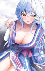 Rule 34 | 1girl, absurdres, blue hair, blue kimono, blush, breasts, colored tips, elf, floral print, hair between eyes, highres, hololive, japanese clothes, kimono, large breasts, long hair, long sleeves, looking at viewer, multicolored hair, onabe no shime, open clothes, open kimono, open mouth, pointy ears, sitting, snow, solo, streaked hair, tokkuri, very long hair, virtual youtuber, yellow eyes, yukihana lamy
