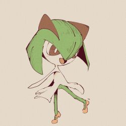 Rule 34 | 1girl, blush, bob cut, bright pupils, brown background, clothed pokemon, colored skin, creatures (company), female focus, flat chest, from side, full body, game freak, gen 3 pokemon, green hair, green skin, hair between eyes, happy, highres, kirlia, leg up, legs, light blush, looking back, looking down, multicolored skin, nintendo, open mouth, pink footwear, pokemon, pokemon (creature), red eyes, shiraha (siraha 79), shoes, short hair, sidelocks, simple background, sketch, smile, solo, standing, standing on one leg, two-tone skin, white pupils, white skin