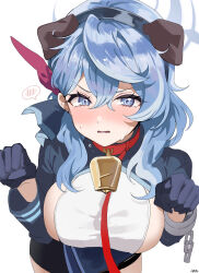 1girl ako_(blue_archive) animal_collar animal_ears bell black_skirt blue_archive blue_eyes blue_halo blush breasts collar commentary_request cowbell dog_ears fake_animal_ears halo hands_up haze_(ohw8g) highres large_breasts leash looking_at_viewer neck_bell paw_pose pet_play red_collar sideboob simple_background skirt solo spoken_blush sweat white_background