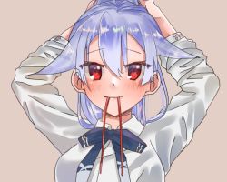 Rule 34 | 1girl, adjusting hair, arms up, blue bow, bow, bowtie, commentary request, fate/grand order, fate (series), grey background, hair between eyes, highres, mouth hold, red eyes, red ribbon, ribbon, ribbon in mouth, seirara, shirt, silver hair, simple background, solo, tomoe gozen (fate), upper body, white shirt