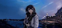 Rule 34 | 1girl, absurdres, black eyes, black hair, building, camera, closed mouth, highres, holding, holding camera, lamppost, looking at viewer, maegami (daisuki oekaki1), night, night sky, original, outdoors, road, scenery, short hair, sky, smile, solo, street, sunset, sweater, teeth, upper teeth only, water