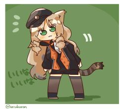 Rule 34 | :3, arknights, black cat, black footwear, black thighhighs, blush, brown hair, cat, chibi, commentary request, drill hair, green eyes, highres, lcron, swire (arknights), tail, thighhighs, tiger tail, translation request, twitter username