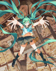 Rule 34 | 1girl, absurdres, ahoge, aqua eyes, aqua hair, aqua neckerchief, black footwear, black socks, breasts, dododo, falling, full body, grey sailor collar, grey skirt, hair between eyes, hatsune miku, highres, loafers, long hair, looking at viewer, midriff peek, navel, neckerchief, outstretched arms, parted lips, pleated skirt, sailor collar, shirt, shoes, short sleeves, skirt, small breasts, socks, solo, twintails, very long hair, vocaloid, white shirt, wide-eyed